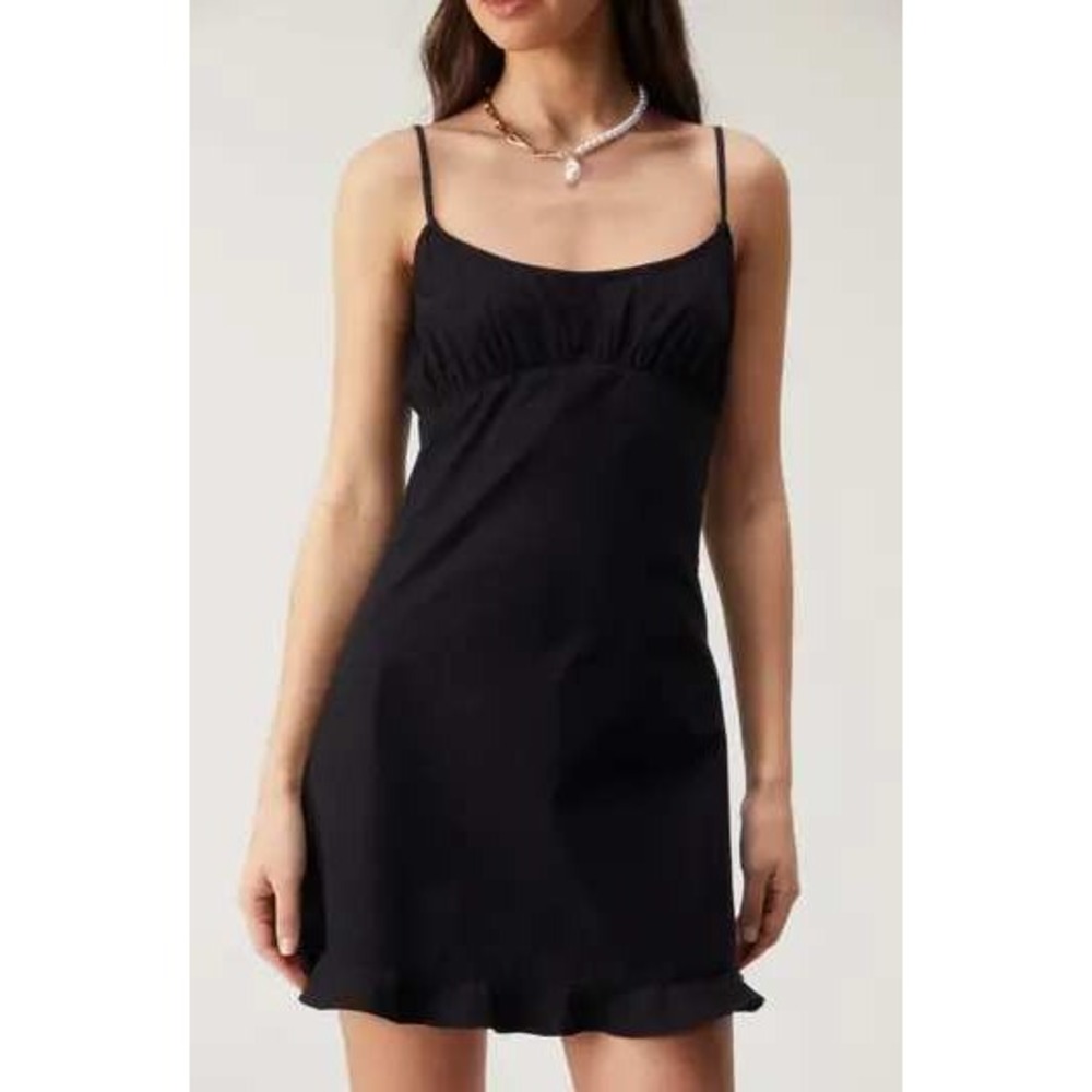Naty Gal 100 % Cotton Black Spaghetti Strap Ruffle Hem Tie Back Dress Size 4‎ S